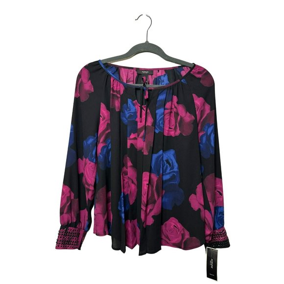 NWT Alfani Ladies Pink Blue Flowy Stylish Floral Sequin Sleeve Blouse SZ 10P - Picture 2 of 8